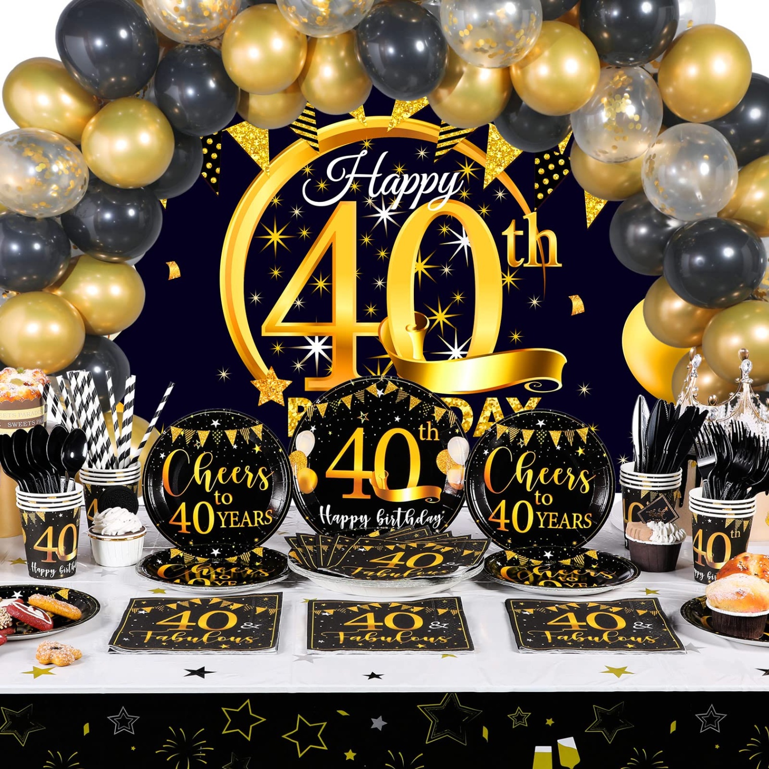 40th birthday decor for him Bulan 1 Birthday Decorations for Men, Black and Gold Anniversary Decorations  Birthday Balloons Tablecloth Tableware Serves Guests for Women (th  Birthday