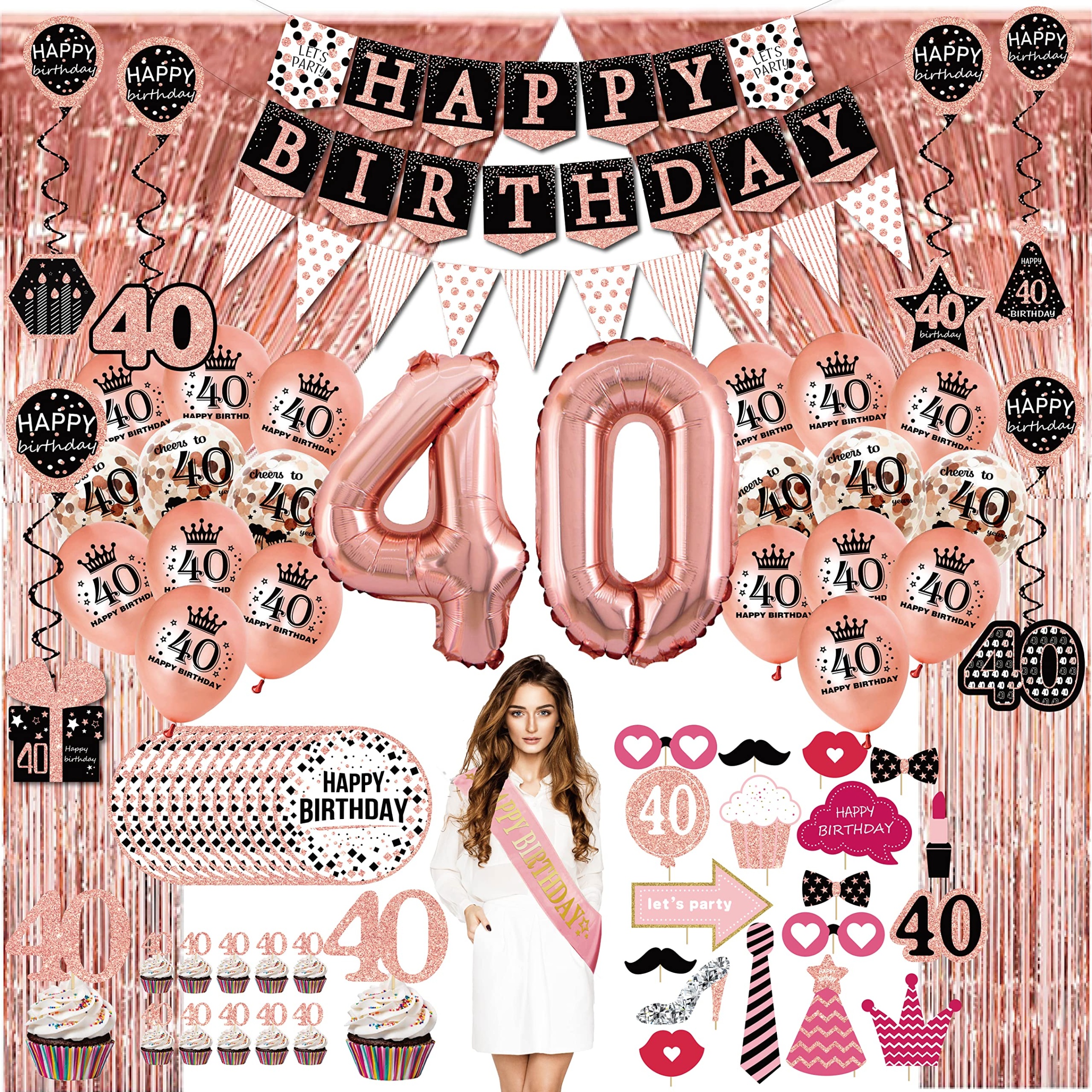 40th birthday decorations woman Bulan 1 th birthday decorations for women - (pack) rose gold party Banner,  Pennant, Hanging Swirl, birthday Balloons, Foil Backdrops, cupcake Topper,
