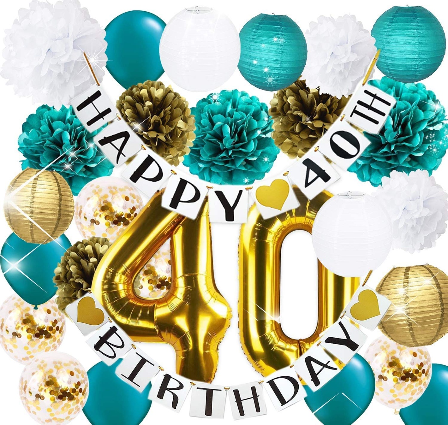 40th birthday decorations woman Bulan 1 th Birthday Decorations for Women Teal Gold Confetti Latex Balloons  Tissue Pom Poms Gold Teal  Birthday Decoration Happy th Birthday Party  Forty