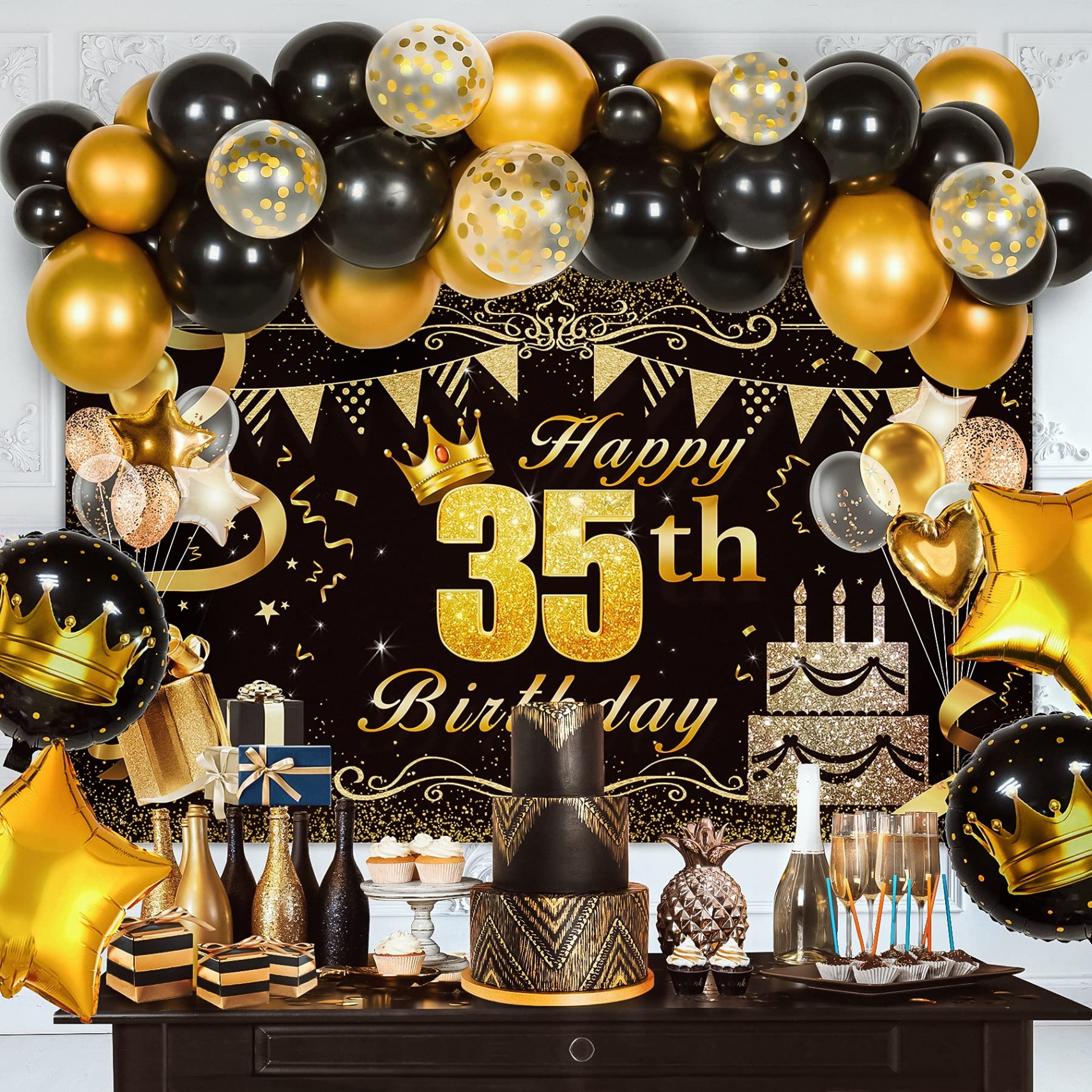 35th birthday decorations Bulan 1 th Birthday Decorations for Women, th Birthday Decorations for Men  Supplies Kit, Happy Birthday Decorations, Birthday Backdrop with Black Gold