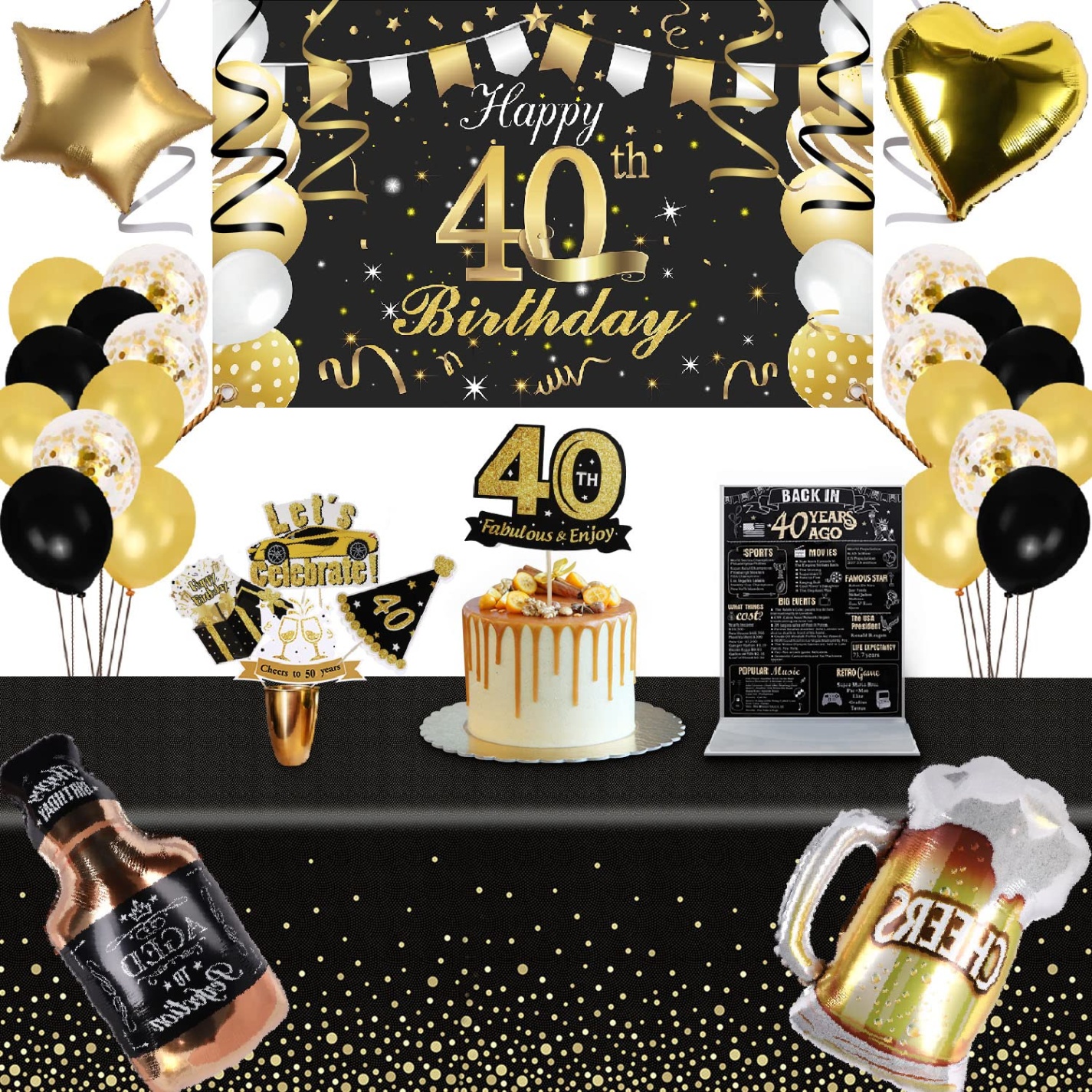 40th birthday decor for him Bulan 1 th Birthday Decorations Men -Happy  Year Old Party Decorations Supplies  with Poster, Backdrop, Tablecloth, Centerpieces Sticks and Hanging Swirl,