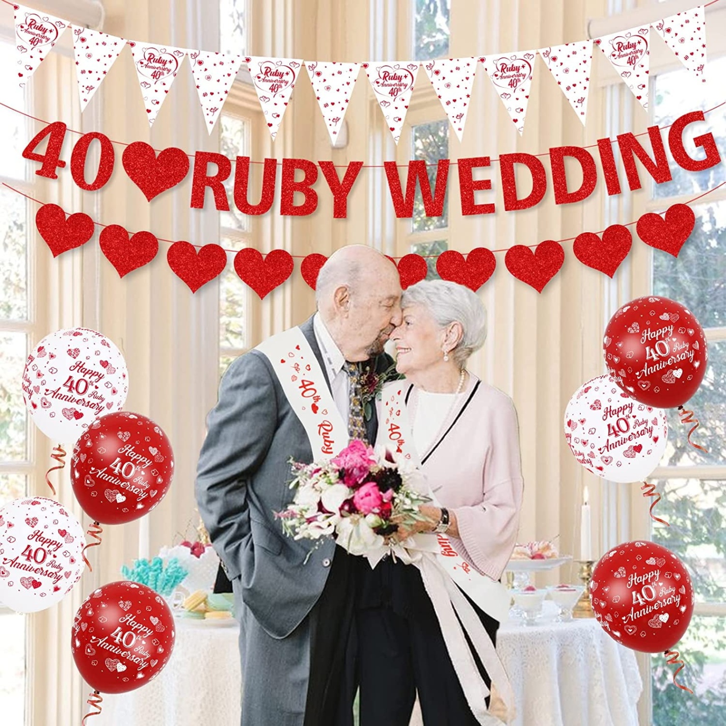 40th wedding anniversary decorations Bulan 1 th Wedding Anniversary Decorations Ruby th Anniversary Balloons Bunting  Red Heart Rings Cake Topper Satin Sash for th Couple Anniversary Party