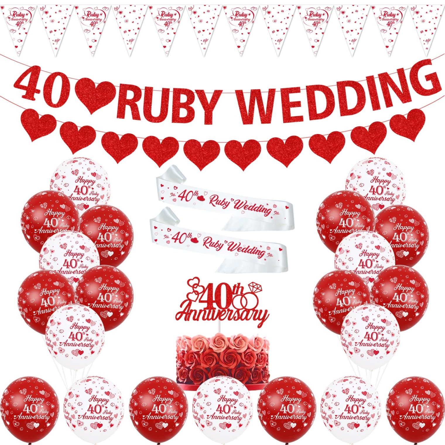 40th wedding anniversary decorations Bulan 1 th Wedding Anniversary Decorations Ruby th Anniversary Balloons Bunting  Red Heart Rings Cake Topper Satin Sash for th Couple Anniversary Party
