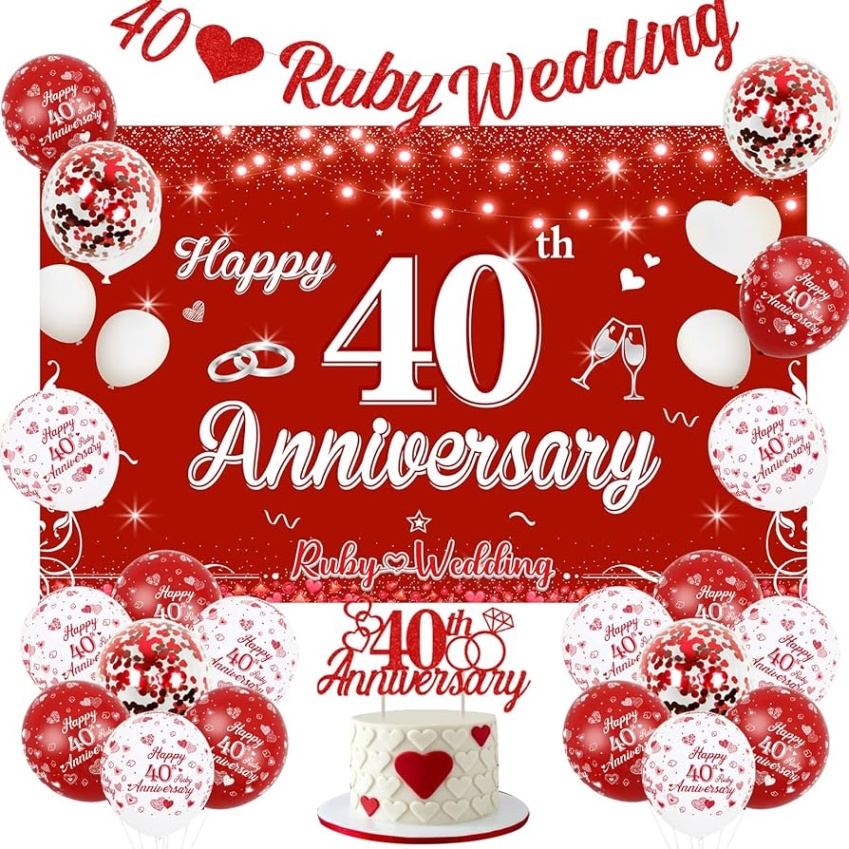 40th wedding anniversary decorations Bulan 1 th Wedding Anniversary Decorations Set, Ruby Wedding Party Backdrop, th  Wedding Glitter Banners, th Anniversary Cake Topper, Red and White