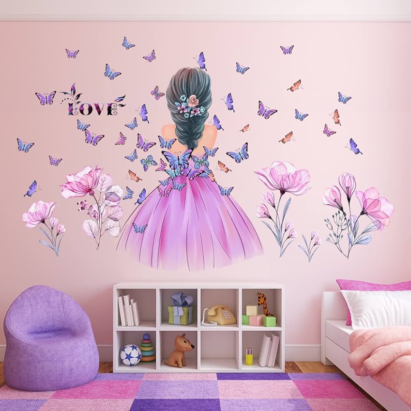amazon wall decor stickers Bulan 2 Butterfly Girl Wall Stickers Flower Fairy Wall Decal Pink Floral Wall Mural  Colorful Butterflies Wall Decor DIY Removable Vinyl Wall Art for Girls