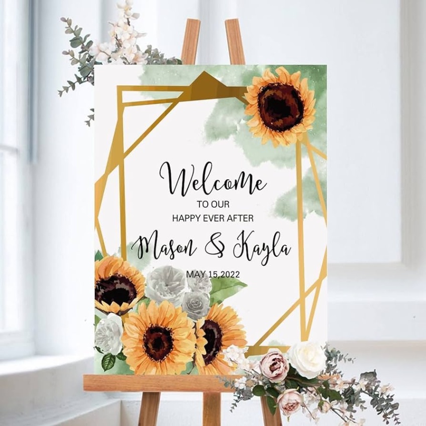 amazon wedding decor Bulan 2 Custom Wedding Decor, Welcome To Our Happily Ever After Sign, Minimalist  Wedding Sign, Modern Wedding Decor, Floral Green Watercolor Sunflower  Wedding
