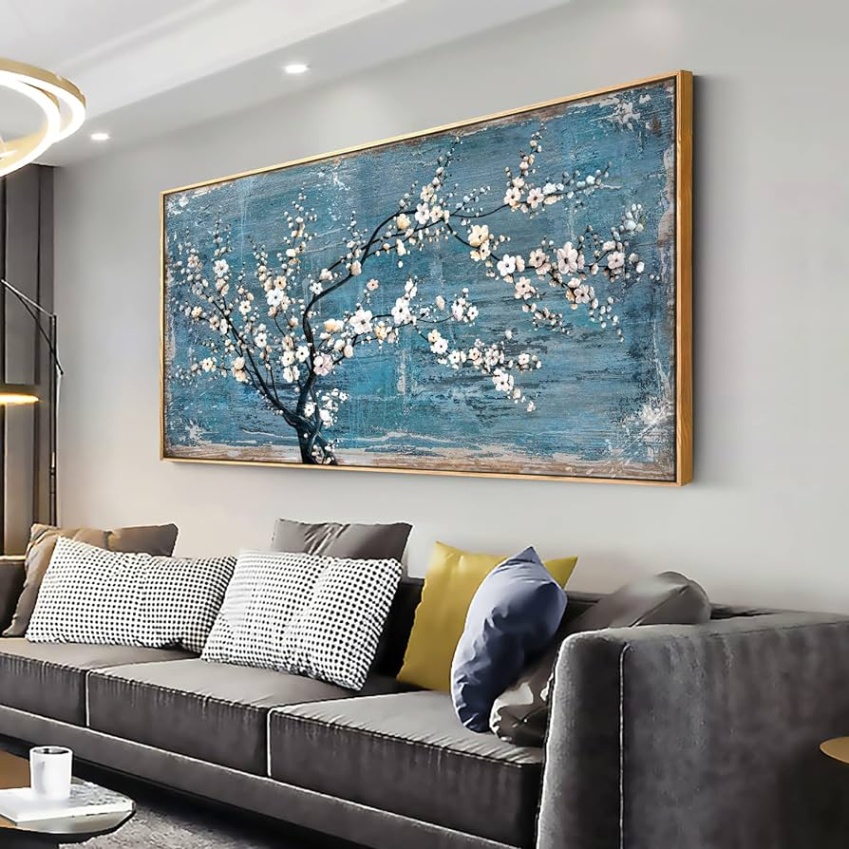 amazon living room wall decor Bulan 2 Wall Art for Living Room Teal Plum Blossom Canvas Wall Pictures for Bedroom  Wall Decor large Framed Floral Canvas Prints Artwork Home Wall Decorations