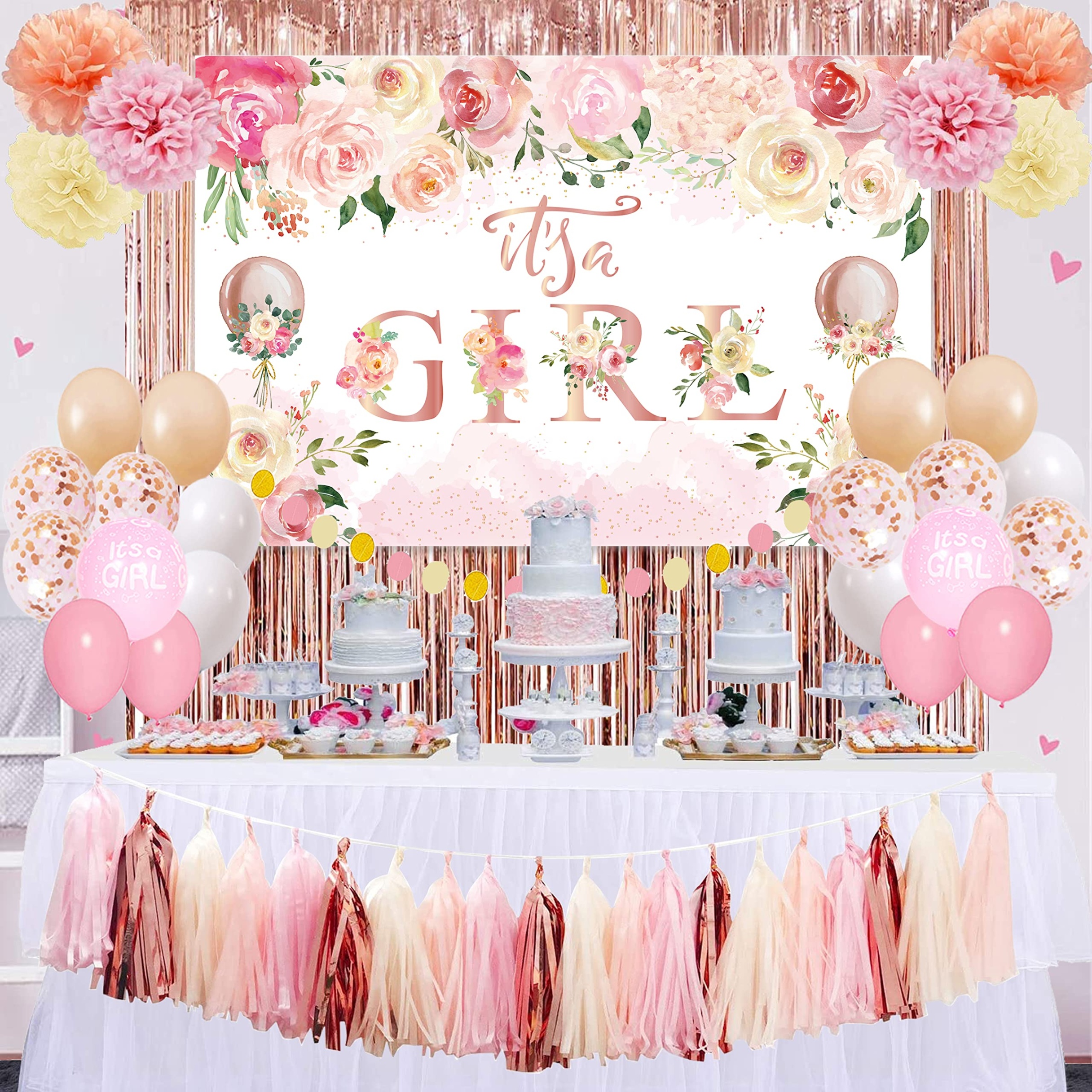 baby shower decorations for girl Bulan 3 Baby Shower Decorations for Girl,Floral Theme Girl Baby Shower Balloons,It  Is A Girl Backdrop Sign for Pink Baby Shower Party Supplies