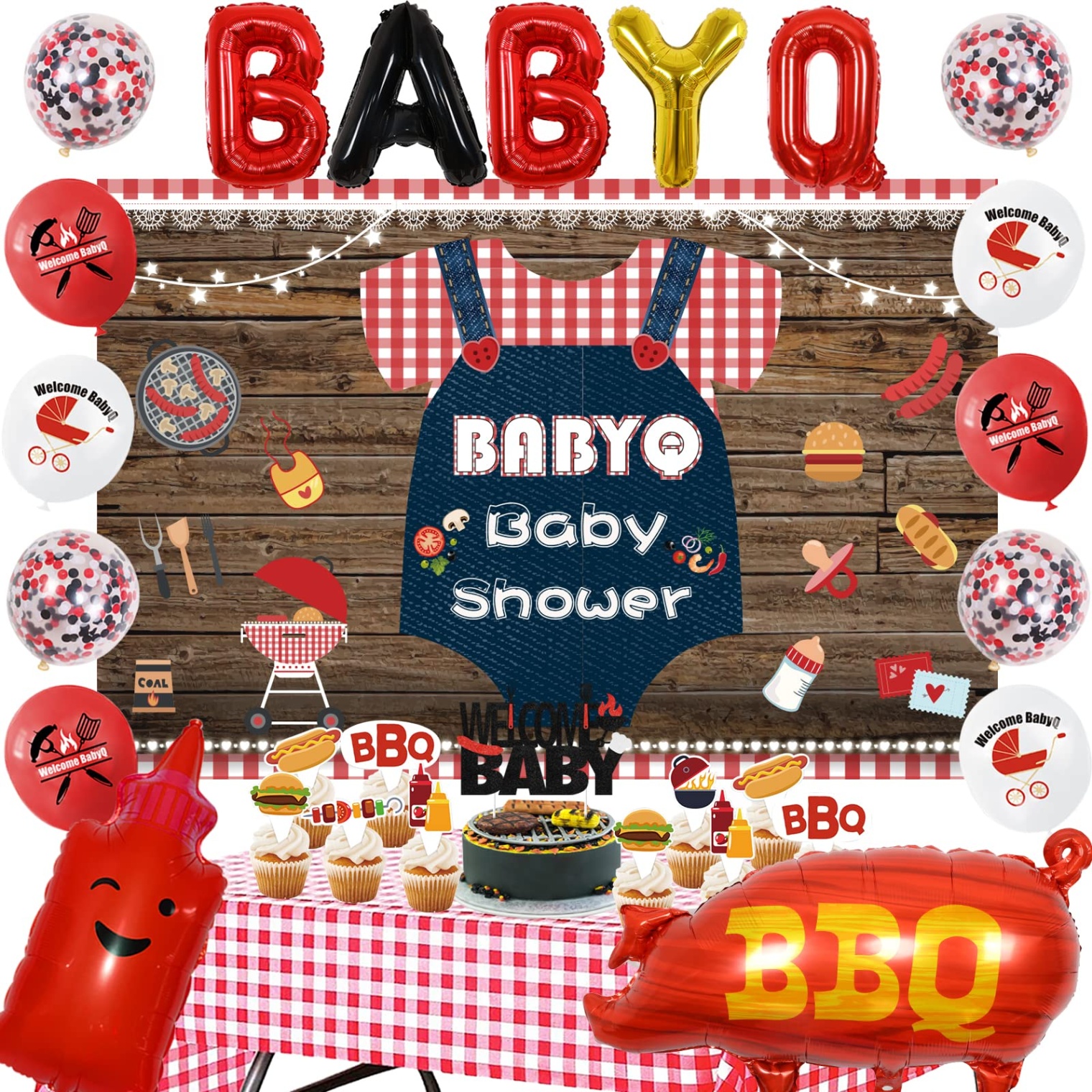 baby q decorations Bulan 3 BBQ Baby Shower Decorations, Baby Q Party Decorations with Barbecue Themed  Baby Shower Backdrop, Red Checked Tablecloth, Baby Q Cupcake Toppers Foil