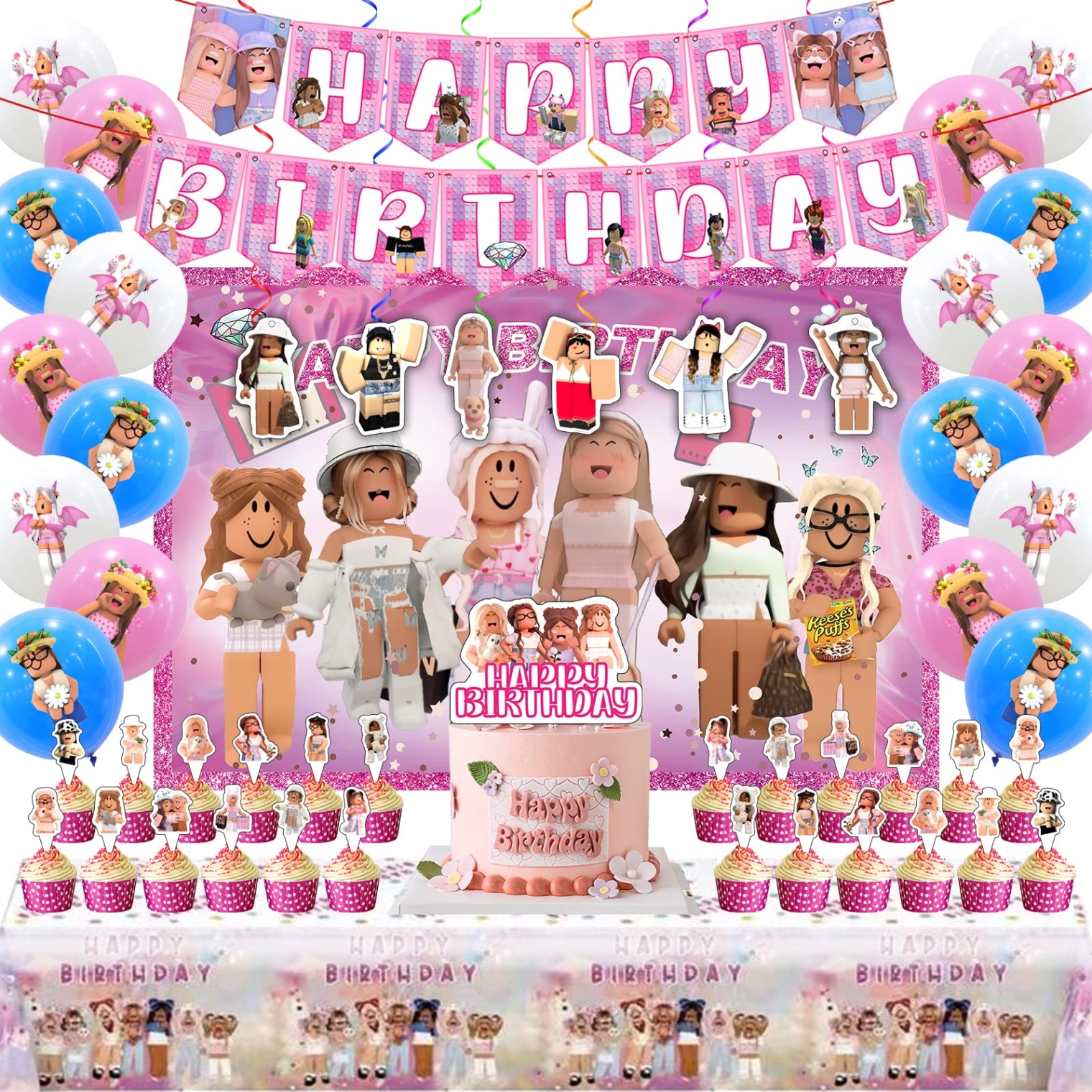 roblox party decoration Niche Utama Home Birthday Party Supplies, Party Decorations Include Happy Birthday Banner,  Backdrop, Tablecloth, Cake Toppers, Hanging Swirls, Cupcake Toppers, Latex
