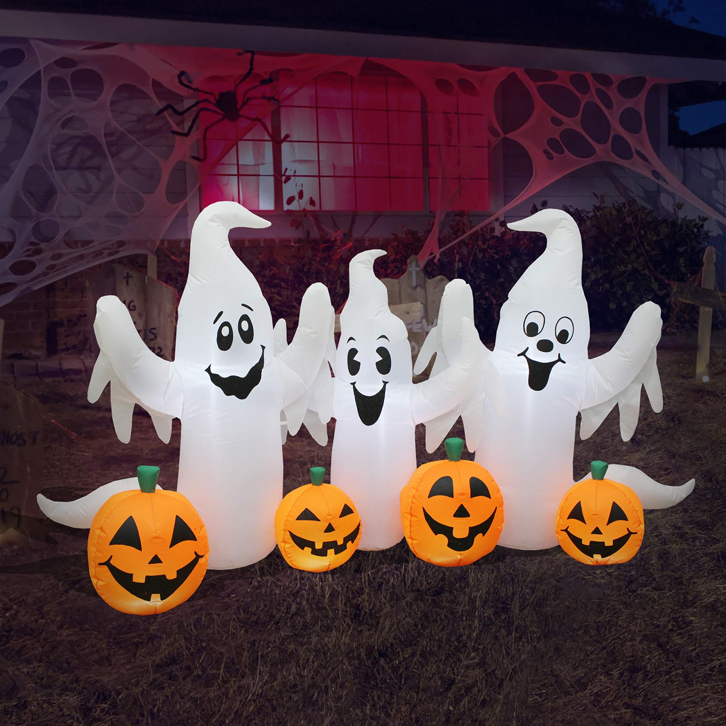 halloween inflatable decoration Niche Utama Home  Foot Long Lighted Halloween Inflatable Three Ghosts with Pumpkins Patch  Outdoor Indoor Holiday Decorations, Blow Up LED Lights Lighted Yard Decor,