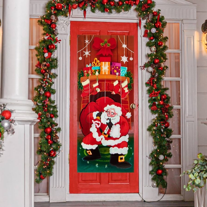 door decoration christmas Niche Utama Home JOYIN Christmas Santa with Gifts Window Door Cover Holiday House Decoration  X Inches