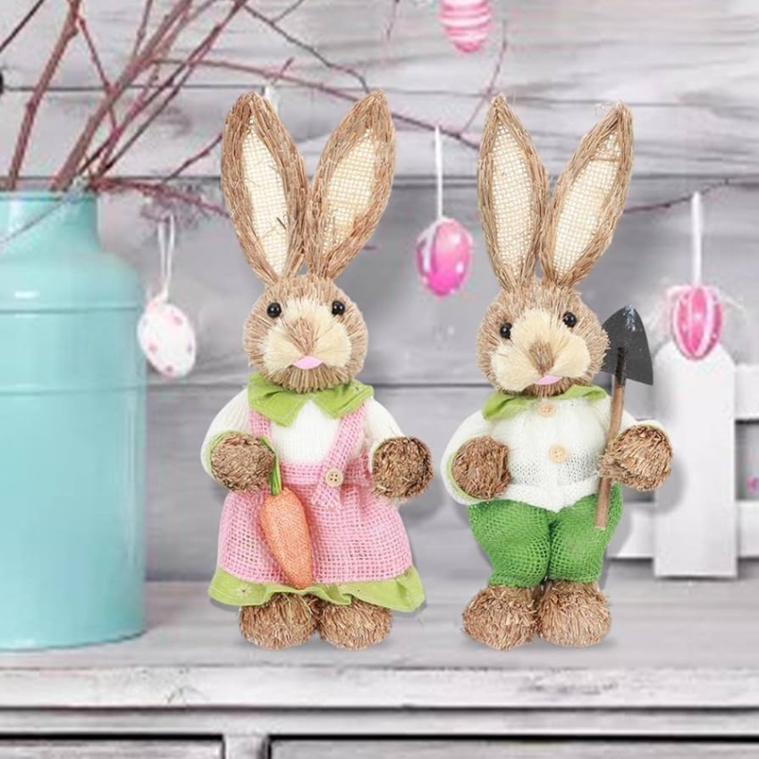 easter bunny decoration Niche Utama Home Pcs Bunny Figurines Props Straw Easter Rabbit Decoration for Garden Indoor  Easter Theme Party Supplies Tabletop Ornament, A