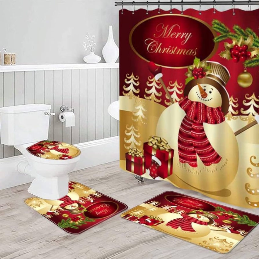 bathroom set decoration Niche Utama Home  Pcs Merry Christmas Shower Curtain Sets with Non-Slip Bathroom Rugs, Lid  Toilet Cover, Bath Mat, Shower Curtain Christmas Bathroom Decor